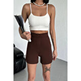 Tarz Ve Rahatlığı Bir Arada Sunan Yüksek Bel Esnek Likralı Krep Şort Kahverengi