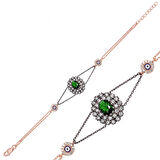 925 Ayar Gümüş Rose Yeşil Taşlı Otantik Bileklik BR0460470 (599599)