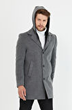 Mero Life Erkek Gri Yün Karışımlı Kaşe Kapüşonlu Önü Fermuarlı Ve Düğmeli Uzun Kaban