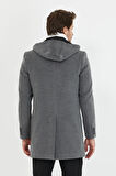 Mero Life Erkek Gri Yün Karışımlı Kaşe Kapüşonlu Önü Fermuarlı Ve Düğmeli Uzun Kaban