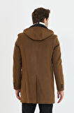 Mero Life Erkek Taba Yün Karışımlı Kaşe Kapüşonlu Önü Fermuarlı Ve Düğmeli Uzun Kaban