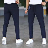 Erkek Lacivert Slim Fit Rahat Kesim Beli Bağlamalı Yan Cepli Likralı Jogger Pantolon