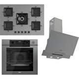 Ferre Steamart-Fryart-Sılentart Serisi Gri Set (SS038 + QEP64CPR +D065-SA) - Emaye Izgara / 75 cm Ocak