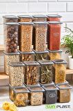 ROYAL 24'lü Etiketli Kare Square Erzak Saklama Kabı Seti X8(800ML-1200ML-1600ML)Sert Kapaklı Kavanoz
