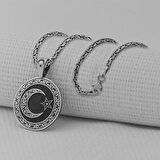 Siyah Gravur İşlemeli  Ay Yıldız 925 Ayar Gümüş Erkek Kolye