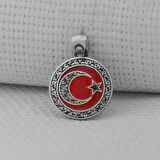 Gravur İşlemeli Küçük Boy Ay Yıldız 925 Ayar Gümüş Erkek Kolye Ucu