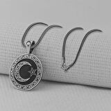 Siyah Gravur İşlemeli Büyük Boy Ay Yıldız 925 Ayar Gümüş Erkek Kolye