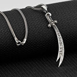 La Fetta İlla Ali La Seyfe İlla Zülfikar Yazılı Beyaz Taşlı 925 Ayar Gümüş Erkek Kolye