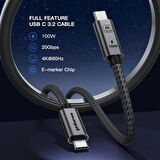 Type C To USB 3.2 Gen2 100W 5A Hızlı Şarj Data ve 4K Görüntü Aktarma Kablosu 20GBPS Gri 1 Metre