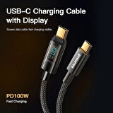 Type C To Type C 100WATT Hızlı Şarj Data Kablosu Dijital Ekranlı Siyah 1.2 Metre