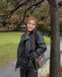 Mero Life Kadın Siyah Oversize Içi Kürklü Kemerli Biker Deri Ceket