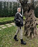 Mero Life Kadın Siyah Oversize Içi Kürklü Kemerli Biker Deri Ceket