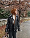 Mero Life Kadın Siyah Oversize Içi Kürklü Kemerli Biker Deri Ceket