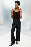 Moda İlgi Kadın Drape Detaylı Askılı Tulum M06657 Siyah