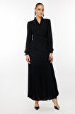 Moda İlgi Kadın Boncuk Detaylı Piliseli Uzun Elbise 6073 Siyah