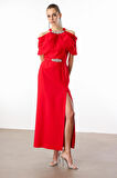 Moda İlgi Kadın Yakası ve Kemeri Aksesuar Detaylı Elbise 0007 Kırmızı