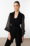 Moda İlgi Kadın Evaze Kol Şerit Taş Aksesuarlı Uzun Ceket 0027 Siyah
