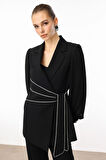 Moda İlgi Kadın Kolları Piliseli Şerit Aksesuarlı Ceket 5008 Siyah