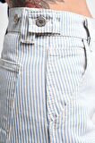 Kadın Çizgili Mavi Renk Kumaş Kemer Detaylı Wide Leg Tasarım Denim