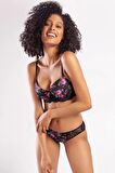 GARDENIA A Plus Siyah Çiçek Desenli Dantel Detaylı Big Size Plunge Sütyen
