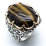 Kaplan Gözü Taşlı Kral Taçlı  Gümüş Yüzük