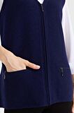 Desen Triko Kadın Çelik Örgü Cebi Fermuarlı Düz Triko Yelek 02421003 Açık Lacivert