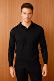 Desen Triko Erkek Basic Polo Yaka İnce Triko Kazak 02421601 Siyah