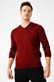 Desen Triko Erkek Basic V Yaka İnce Triko Kazak 02421602 Bordo