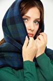 Desen Triko Kadın Üç Renkli Ekoseli Saf Yün Kaşkol 02421140 Lacivert