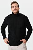 Desen Triko Erkek Balıkçı Yaka Saç Örgülü Yün Kazak 0242589 Siyah