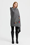 Desen Triko Kadın Köşeleri Nakış İşlemeli Şal 23022 Gri Melanj