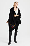 Desen Triko Kadın Köşeleri Nakış İşlemeli Şal 23022 Siyah
