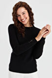 Desen Triko Kadın Sıfır Yaka Kol Ucu Düğmeli Yün Kazak 23158 Siyah