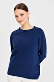 Desen Triko Kadın Sıfır Yaka Klasik Yün Kazak 23163 Indigo