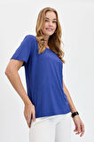 Desen Triko Kadın Sıfır Yaka Flamlı Kumaş Penye T-Shirt KMY24084 Indigo