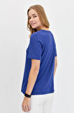 Desen Triko Kadın Sıfır Yaka Flamlı Kumaş Penye T-Shirt KMY24084 Indigo