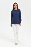 Desen Triko Kadın Sıfır Yaka Dikişsiz Yanları Düğmeli Simli Bluz 23390 Lacivert