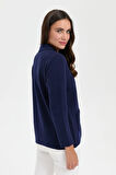 Desen Triko Kadın Polo Yaka Cebi Gül İşlemeli Kısa Yün Hırka 24015 Y.A. Lacivert