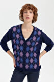 Desen Triko Kadın V Yaka Önü Baklavalı Hırka 24040 Y.A. Lacivert