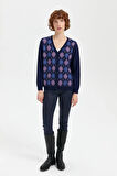 Desen Triko Kadın V Yaka Önü Baklavalı Hırka 24040 Y.A. Lacivert