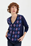 Desen Triko Kadın V Yaka Önü Baklavalı Hırka 24040 Y.A. Lacivert