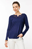 Desen Triko Kadın Nakış İşlemeli Uzun Kollu Penye Bluz 25702 Lacivert