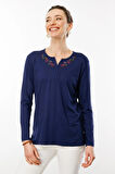 Desen Triko Kadın Nakış İşlemeli Uzun Kollu Penye Bluz 25702 Lacivert