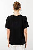 Desen Triko Kadın V Yaka Yakası Taşlı Penye T-Shirt 25751 Siyah