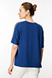 Desen Triko Kadın V Yaka Omuzları Taşlı Penye T-Shirt 25754 Indigo