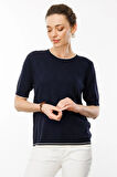 Desen Triko Kadın Sıfır Yaka Baklava Desenli T-Shirt 25356 Lacivert