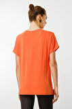 Desen Triko Kadın Sıfır Yaka Önü Cepli Penye T-Shirt 25830 Oranj