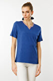 Desen Triko Kadın Yakası Yırtmaçlı ve İşlemeli T-Shirt 25768 Indigo