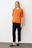 Desen Triko Kadın Sıfır Yaka Önü Nakışlı Bluz 25773 Turuncu