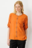 Desen Triko Kadın Sıfır Yaka Önü Nakışlı Bluz 25773 Turuncu